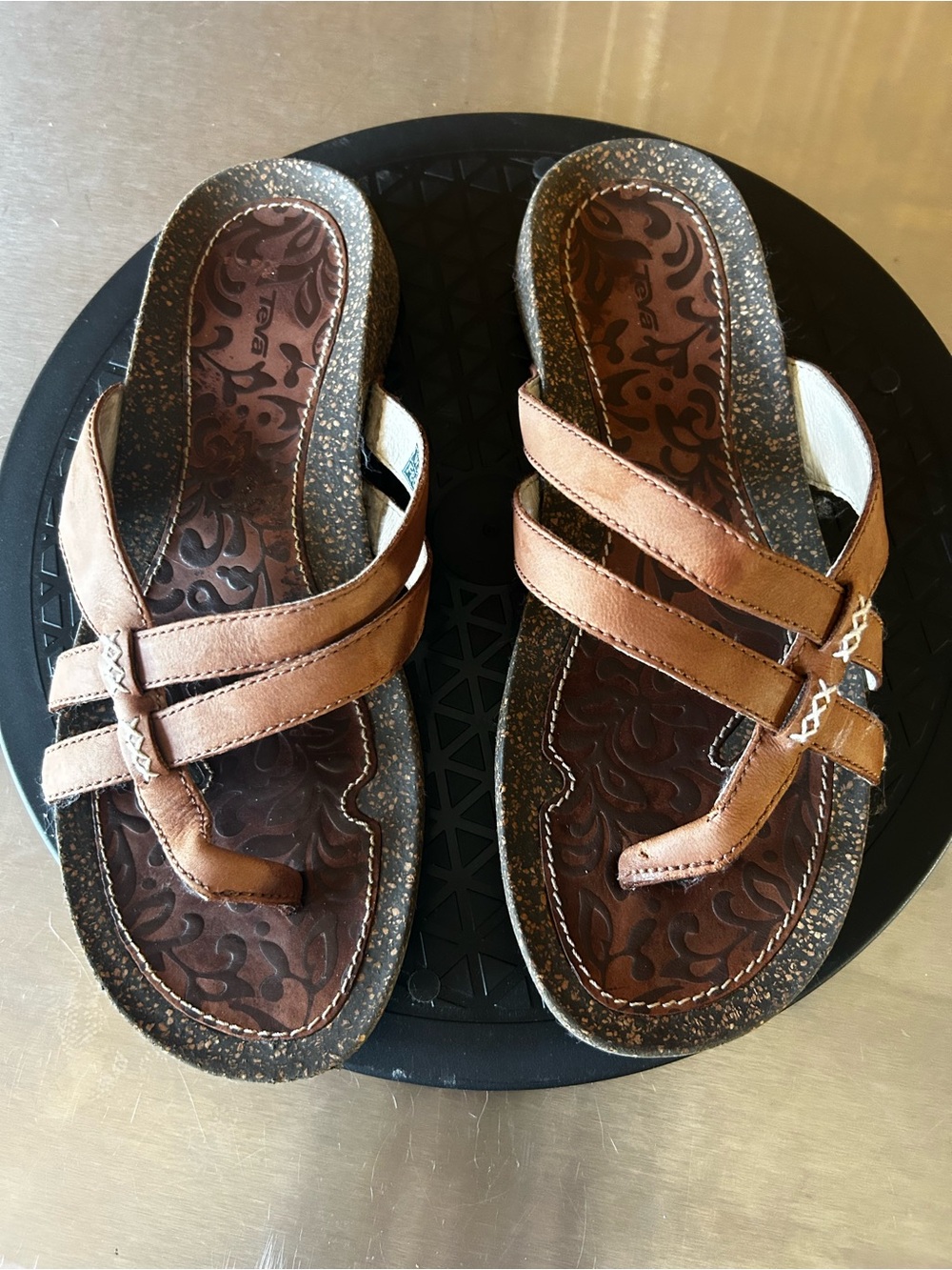 Teva Brown Leather Toe Ring Slide Sandals Comfort Slides Women’s 8